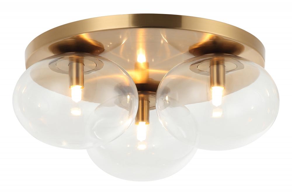 3 LT 16"DIA "BULBUS" AGED GOLD CEILING MOUNT / CLEAR GLASS G9 LED 10W
