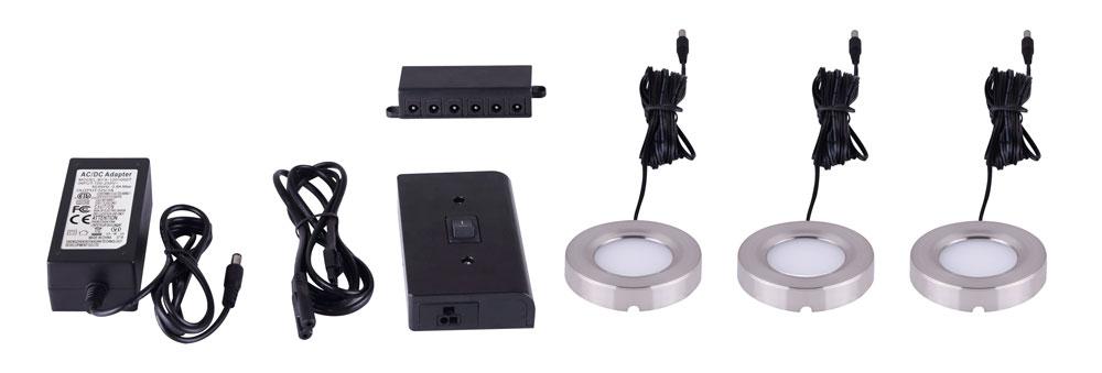 3-Light BN Color LED Puck Kit: 450 Lumens total, 6W, Non-Dimmable, includes driver, hub, and wires