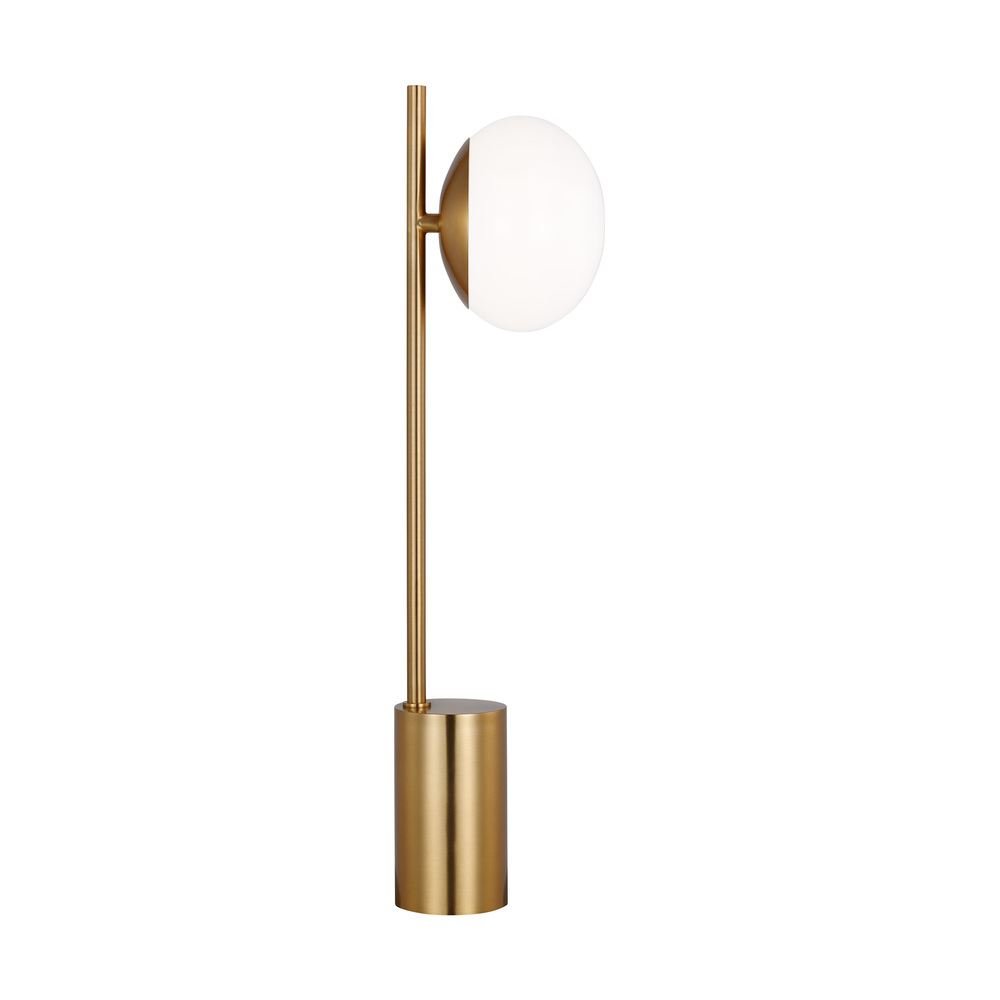 Lune mid-century indoor dimmable 1-light table lamp in a burnished brass finish with a milk white gl
